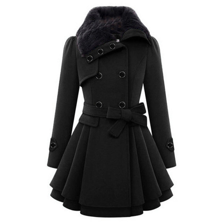 Warm plush long coat for women, tailored fit with an elegant faux fur collar, ideal for evening wear.