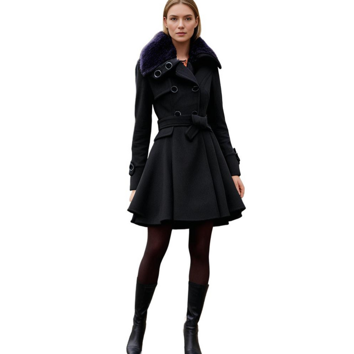 Front view: Women's plush tailored long coat with an elegant faux fur collar, for stylish outerwear.