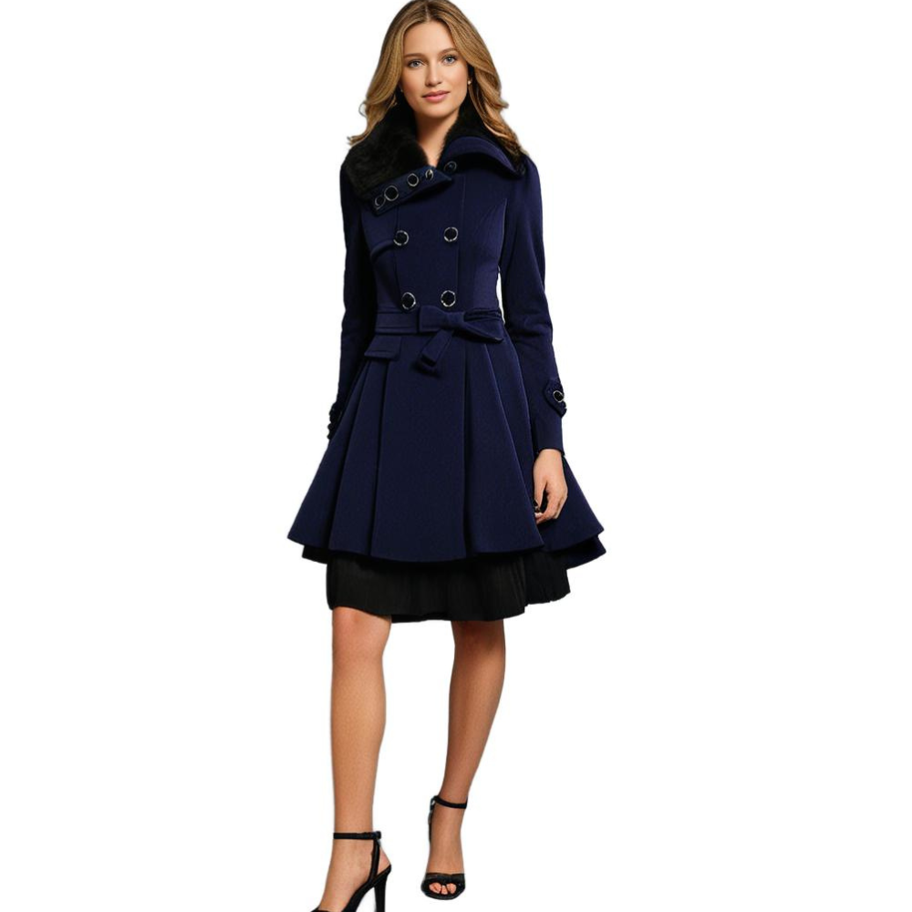 Side view: Women's long tailored plush coat, showcasing its elegant silhouette and faux fur collar.