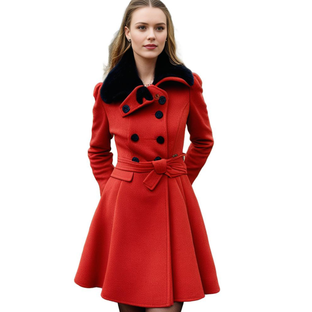Back view: Women's plush long coat, highlighting the tailored fit and warm winter fashion appeal.