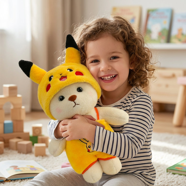 Cuddly plush bear in fun character costume. Soft toy for children's bedroom decor & comfort. Great for kids.