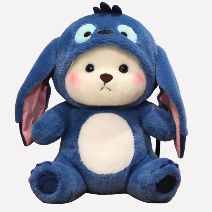 Stuffed animal bear wearing a playful character costume. Ideal kids' gift, soft & perfect for imaginative play.