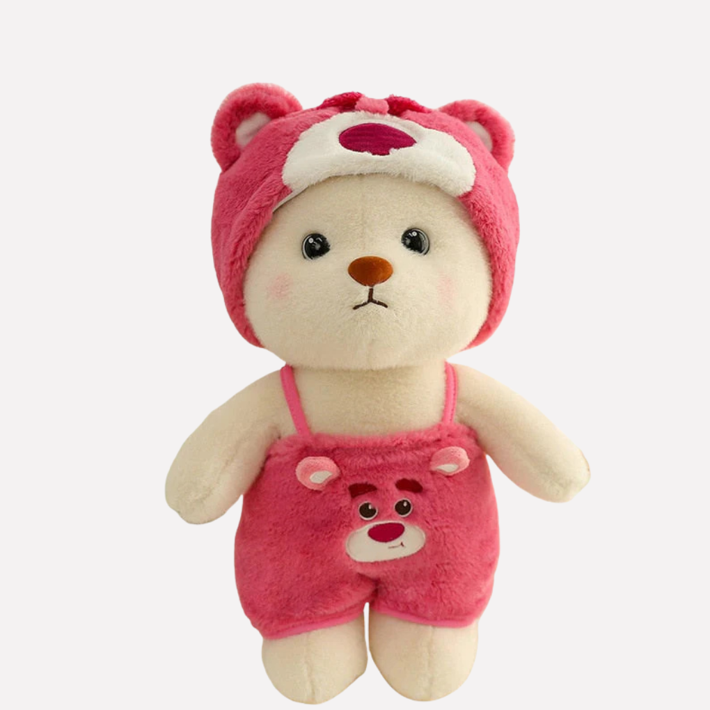 Cute plush bear in a unique character costume. Cuddly toy for children's imaginative play & nursery comfort.