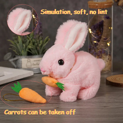 Cozy rabbit stuffed animal, bouncy and interactive, designed as a glowing children's educational toy