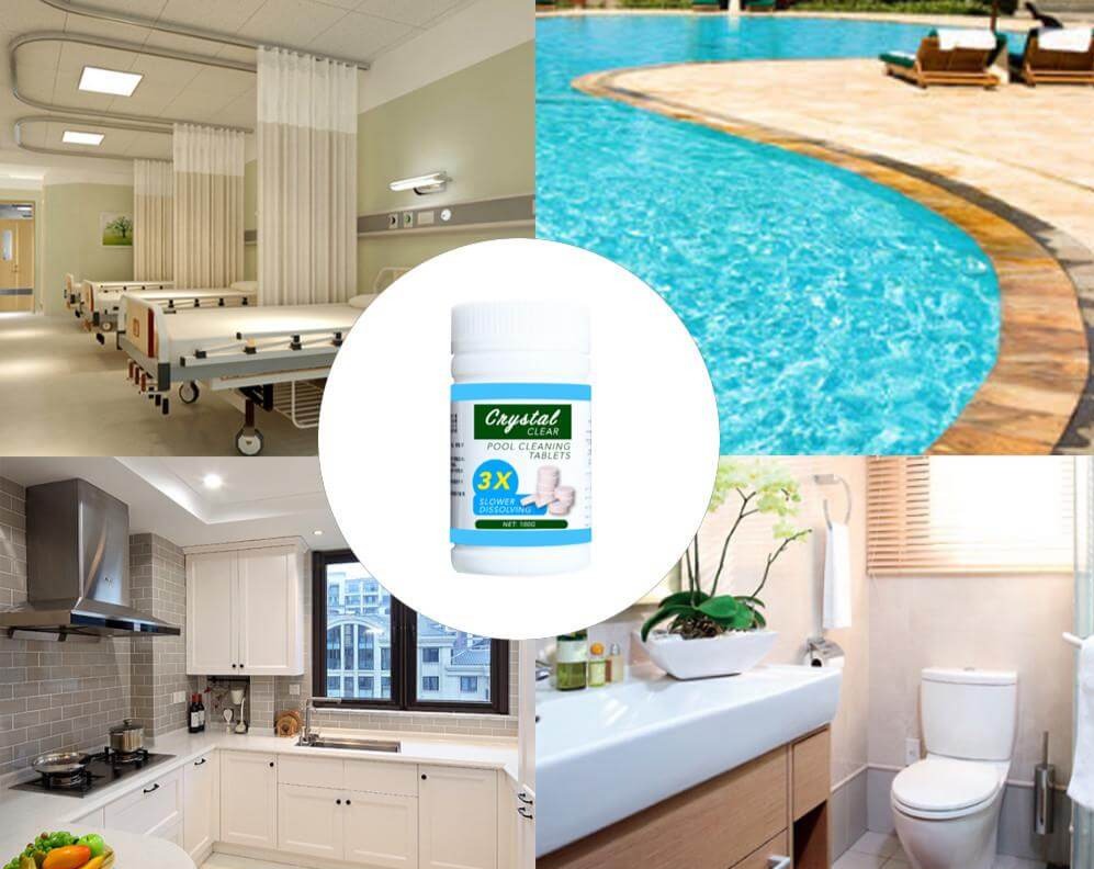 Close-up of Pool & Spa Clarifying Tablets. Concentrated formula for sparkling clean & clear pool water.