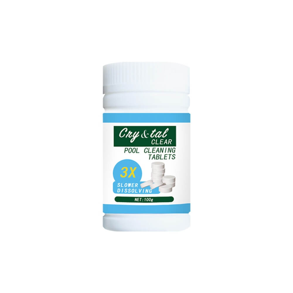 Pool & Spa Clarifying Tablets next to a clean swimming pool. Achieve clear, inviting water with this pool cleaner.
