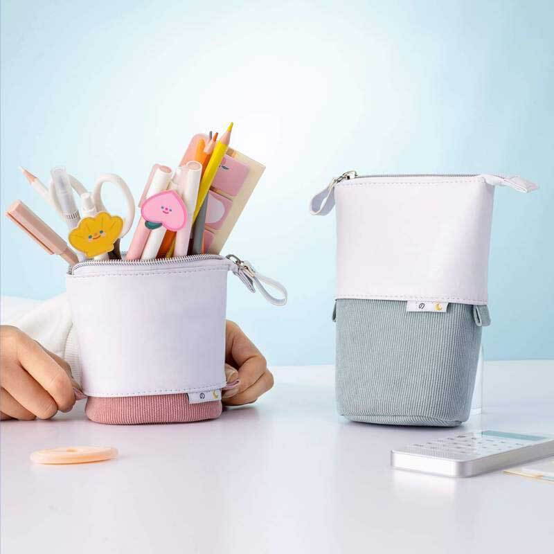 Convertible pastel corduroy pencil case, multi-functional desk organizer for art supplies.