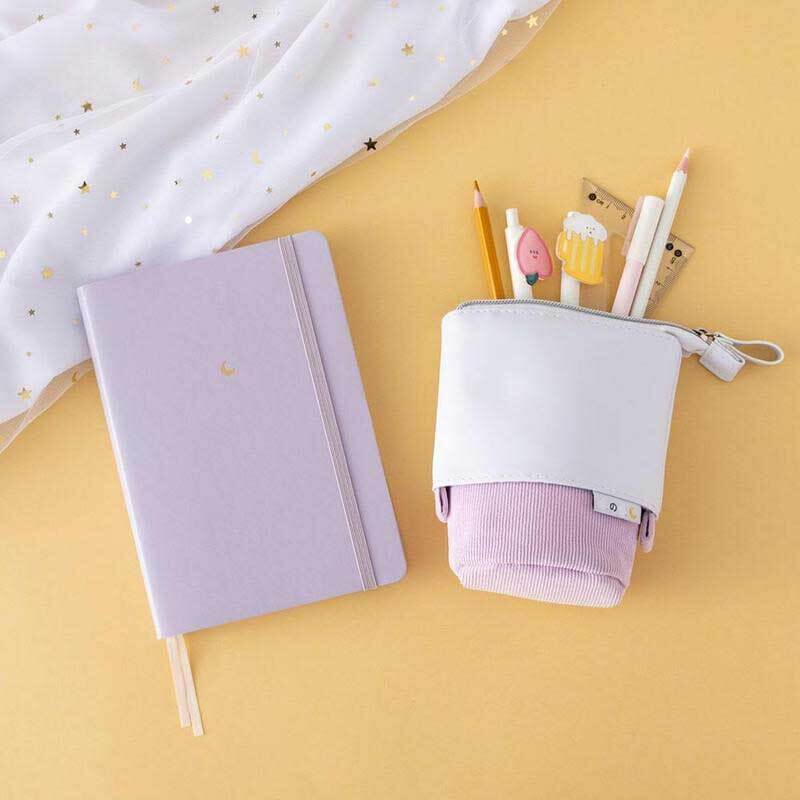 School supplies organizer: pastel corduroy pop-up pencil case for students and creatives.