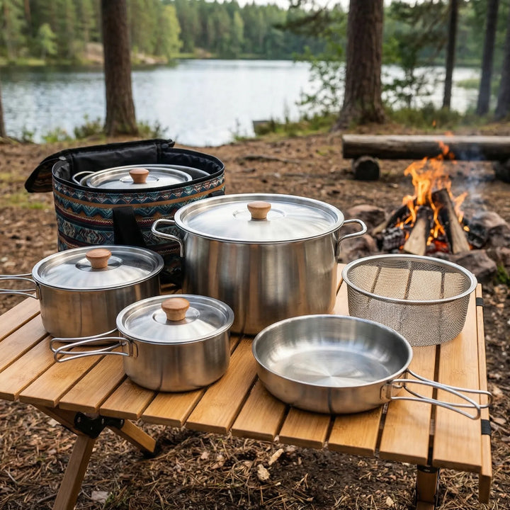 Portable 10-piece outdoor family cookware set for camping adventures. Stainless steel, durable, compact camp kitchen gear.