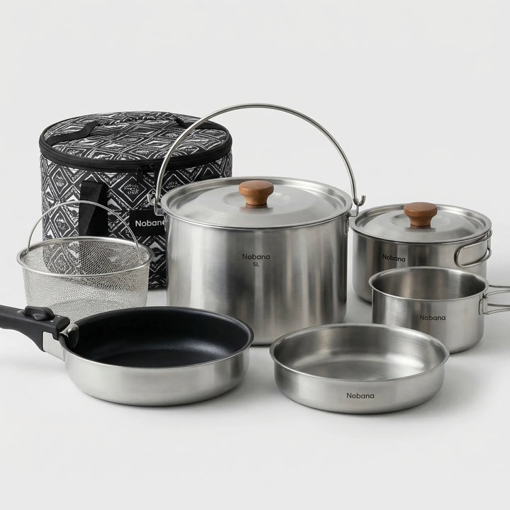 Durable stainless steel 10-piece camping cookware set for family outdoor adventures. Perfect portable camp kitchen.