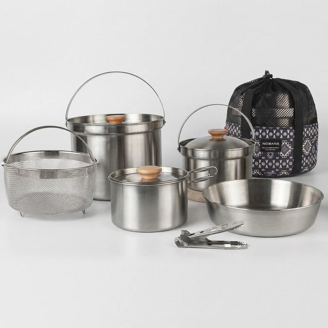 Family camping cookware set, 10-piece portable stainless steel kit. Ideal for outdoor cooking, picnics & travel.