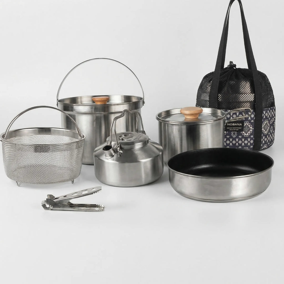 Compact & durable 10-piece stainless steel outdoor cookware set. Perfect for family camping & portable camp kitchen.