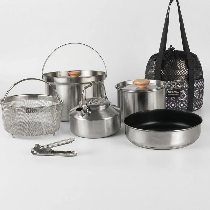 Compact & durable 10-piece stainless steel outdoor cookware set. Perfect for family camping & portable camp kitchen.