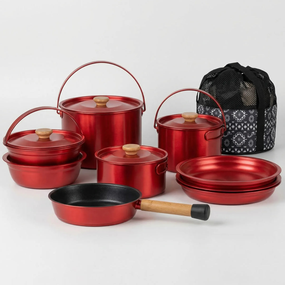 Multi-piece travel pot set, stainless steel outdoor family cookware. Stove compatible, durable gear for camping & hiking.