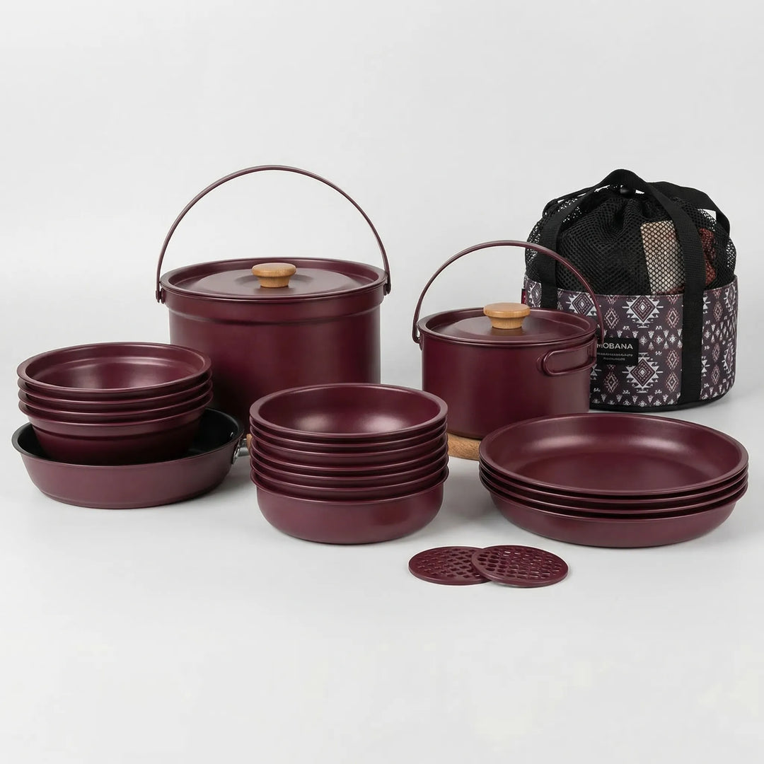 Essential 10-piece portable camping cookware for families. Lightweight stainless steel kit for outdoor adventures.