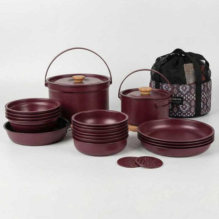 Essential 10-piece portable camping cookware for families. Lightweight stainless steel kit for outdoor adventures.