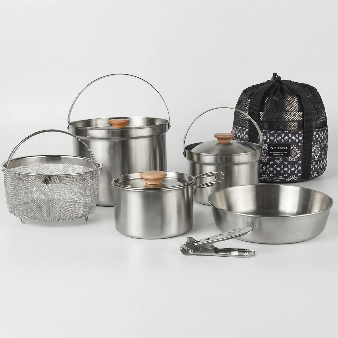 High-quality stainless steel outdoor family cookware set. 10-piece portable kit for camp kitchen & picnic supplies.