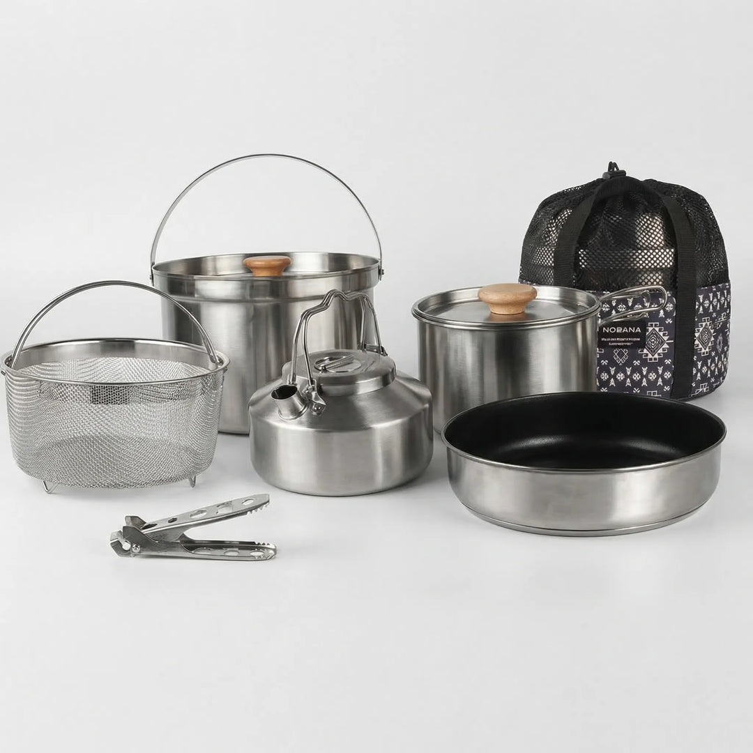 Adventure-ready 10-piece portable outdoor cookware. Durable stainless steel set for family camping & gourmet camp meals.