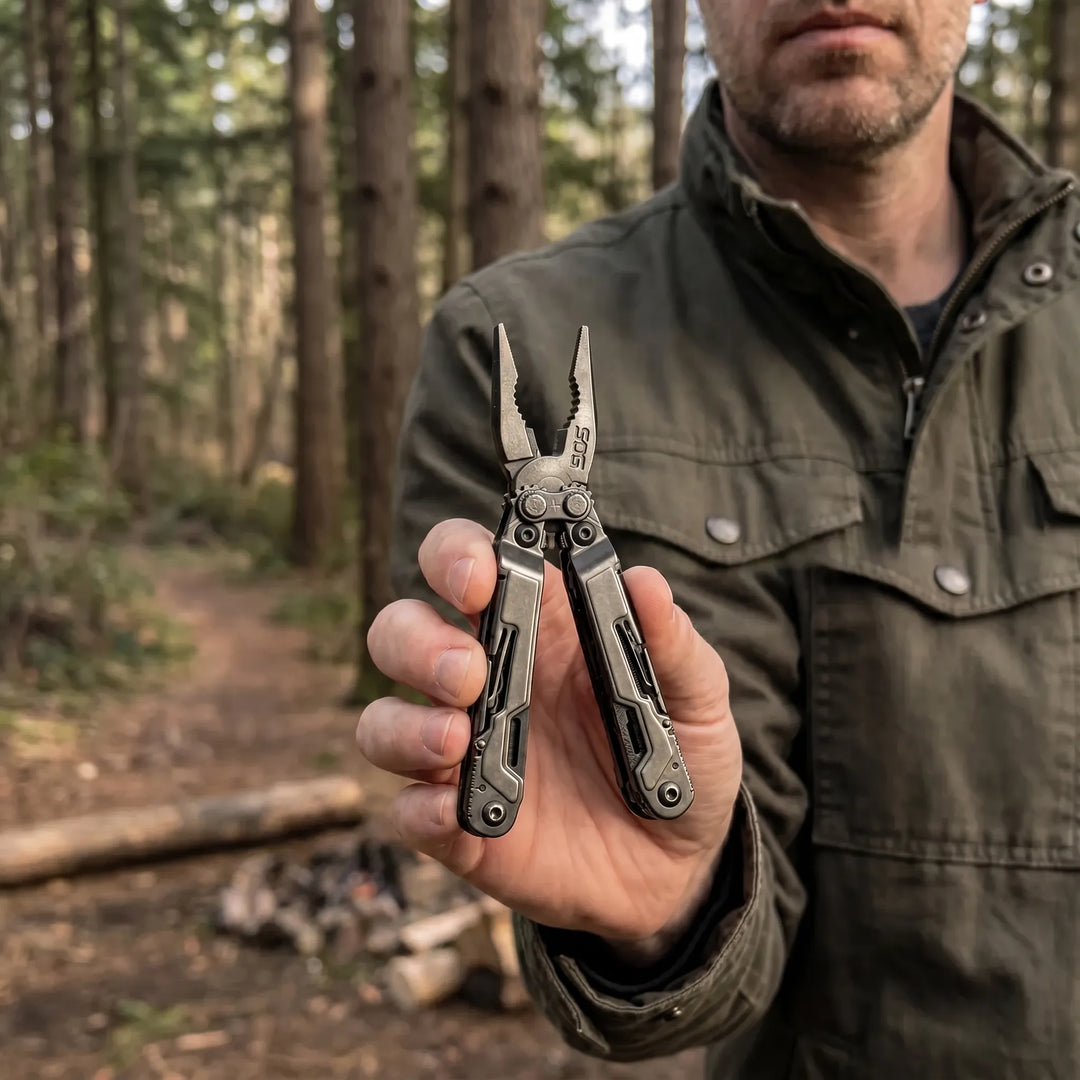 Portable 18-function multi-tool with pliers for outdoor adventures, camping, and hiking. Essential survival gear.