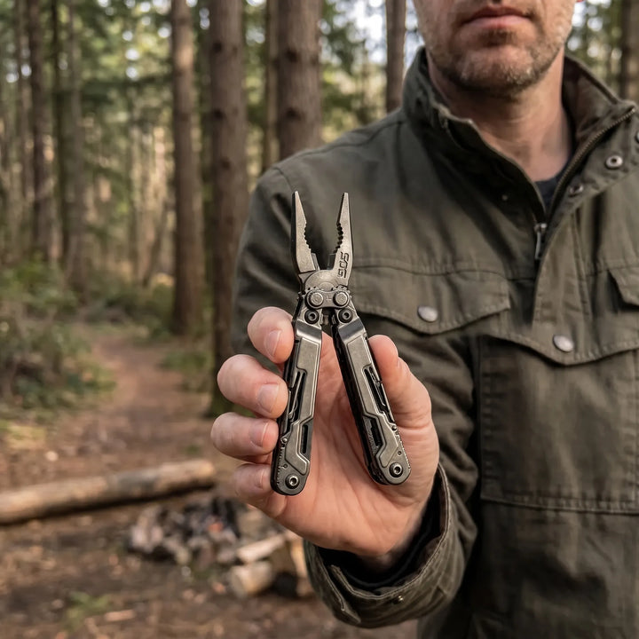 Portable 18-function multi-tool with pliers for outdoor adventures, camping, and hiking. Essential survival gear.