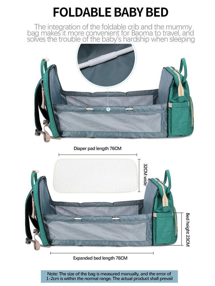 Practical 2-in-1 portable crib & large capacity diaper bag backpack for baby travel needs and storage.