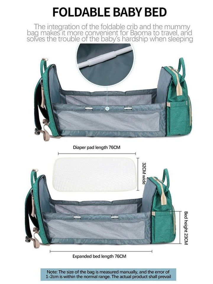 Practical 2-in-1 portable crib & large capacity diaper bag backpack for baby travel needs and storage.