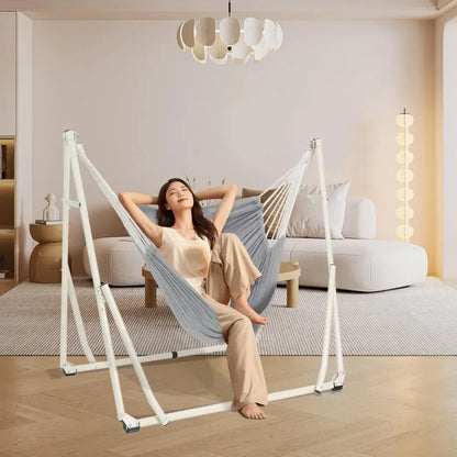Portable 2-in-1 hammock and swing chair with steel stand, perfect for indoor or outdoor relaxation.