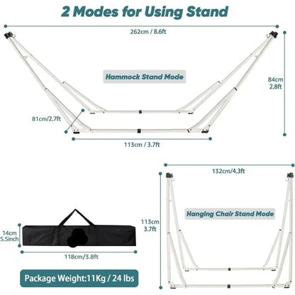 Comfortable travel 2-in-1 hammock and swing chair, gray fabric with easy setup steel stand.
