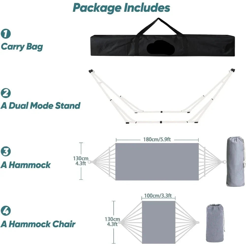 Compact and portable hammock with swing chair functionality, offering comfort for travel and home use.