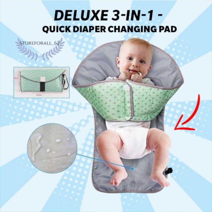 Portable 3-in-1 baby changing pad with clean hands barrier, ideal for travel and diaper changes.
