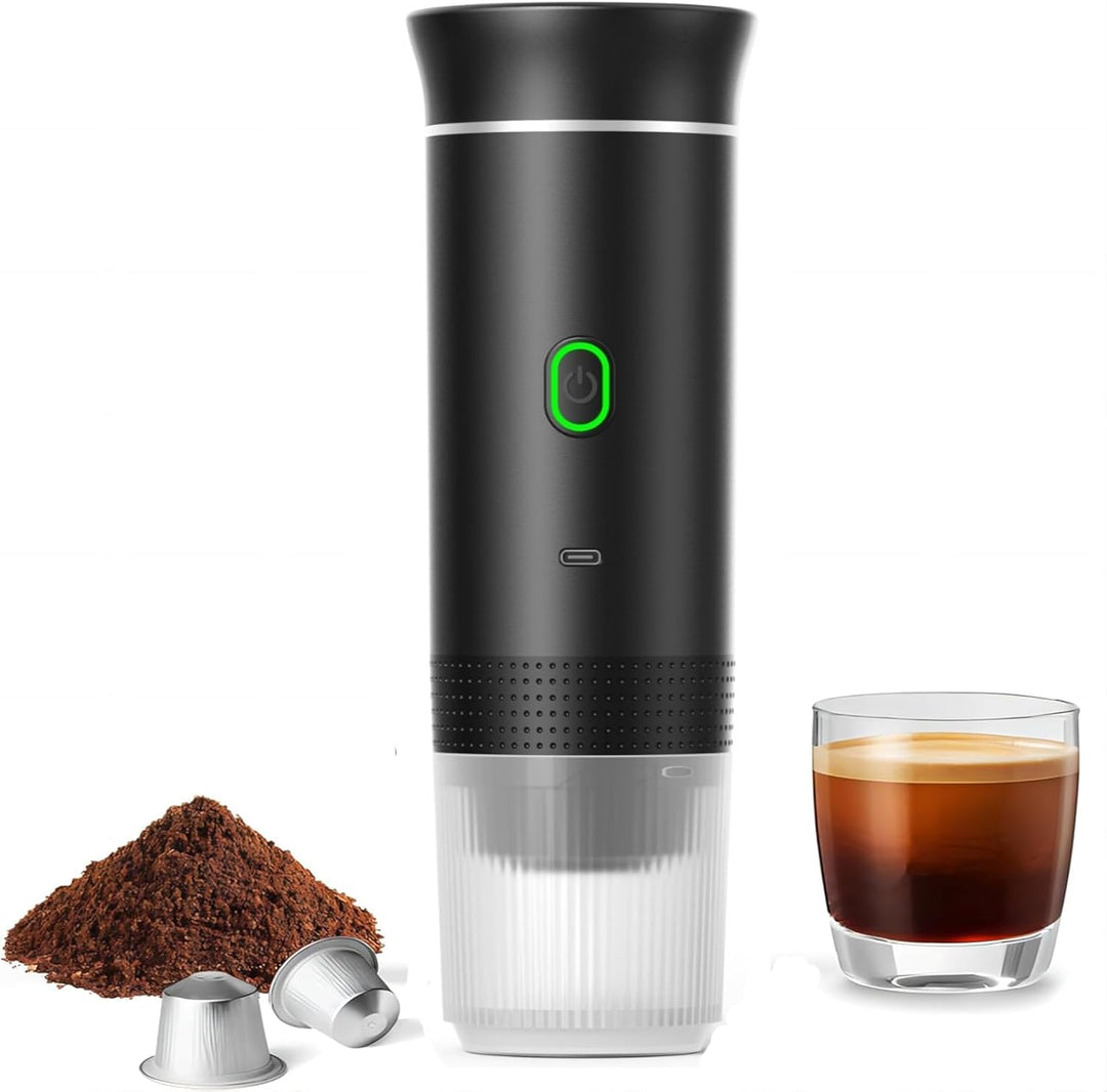 Portable 3-in-1 espresso coffee maker by Raverno. Rechargeable, compact for travel with ground coffee & capsules.