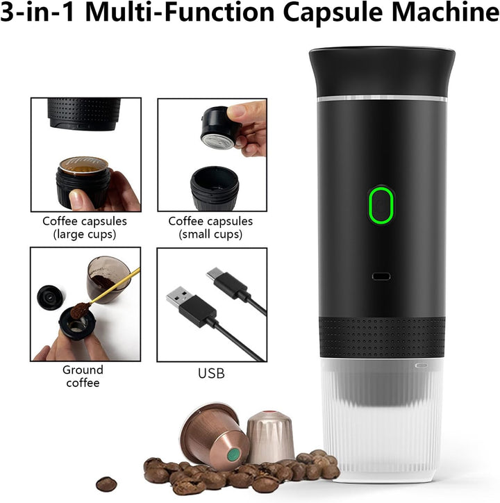 Compact rechargeable espresso maker, perfect camping gear for outdoor coffee. Uses ground coffee & capsules.