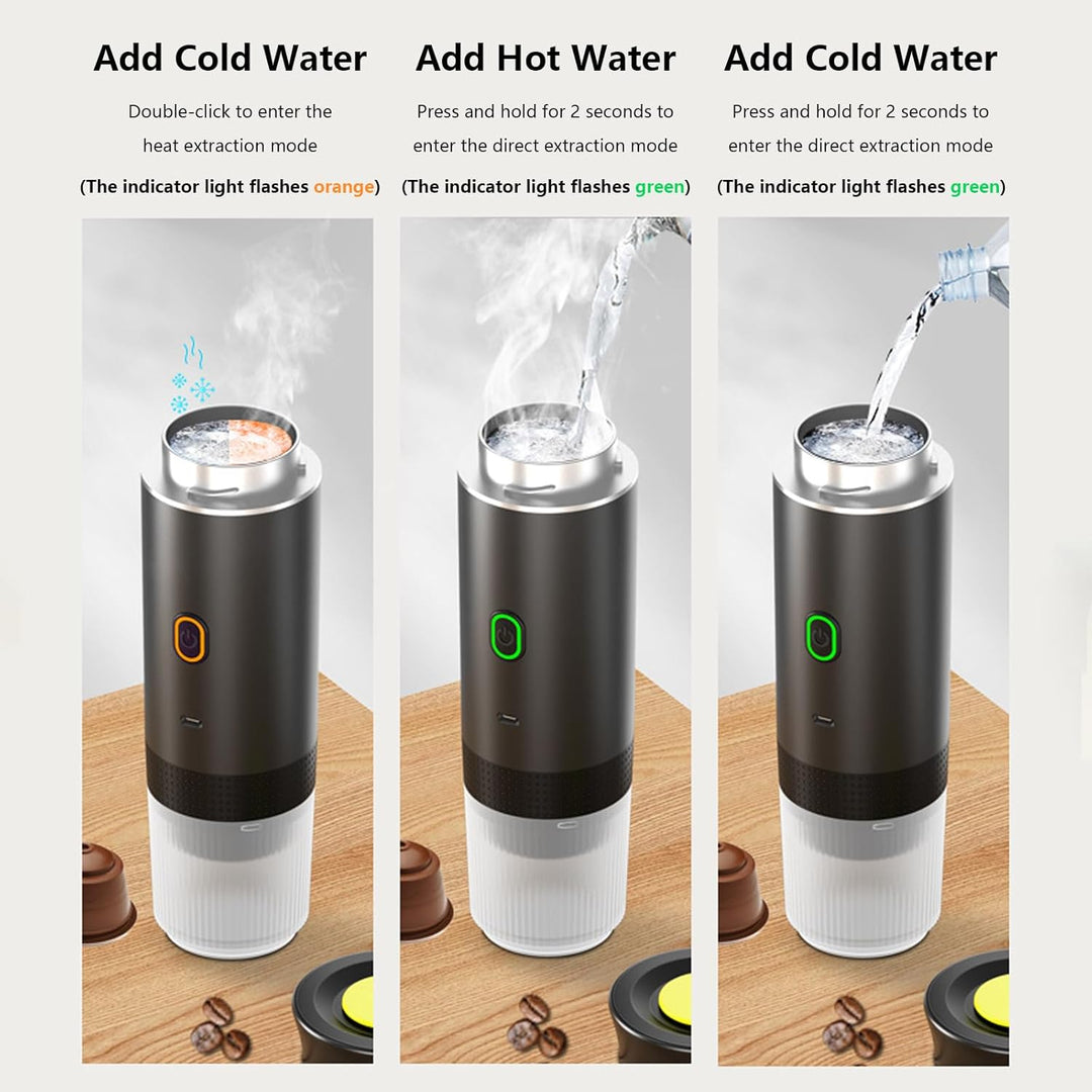 Travel-friendly portable espresso maker with rechargeable battery. Ideal for office, car, or hiking trips.
