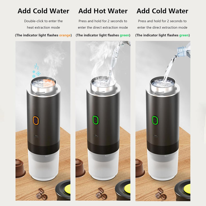 Travel-friendly portable espresso maker with rechargeable battery. Ideal for office, car, or hiking trips.
