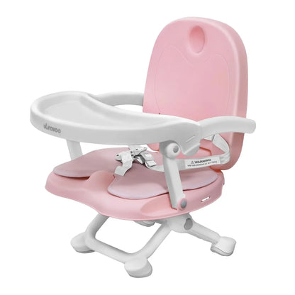 Portable 3-in-1 foldable baby booster seat with pink fabric, removable tray, and safety harness