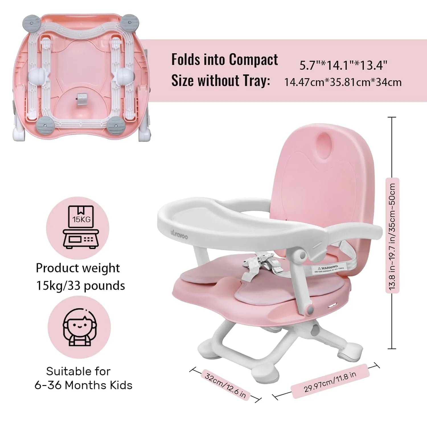 Toddler booster seat in compact folded position showing portability for travel or storage
