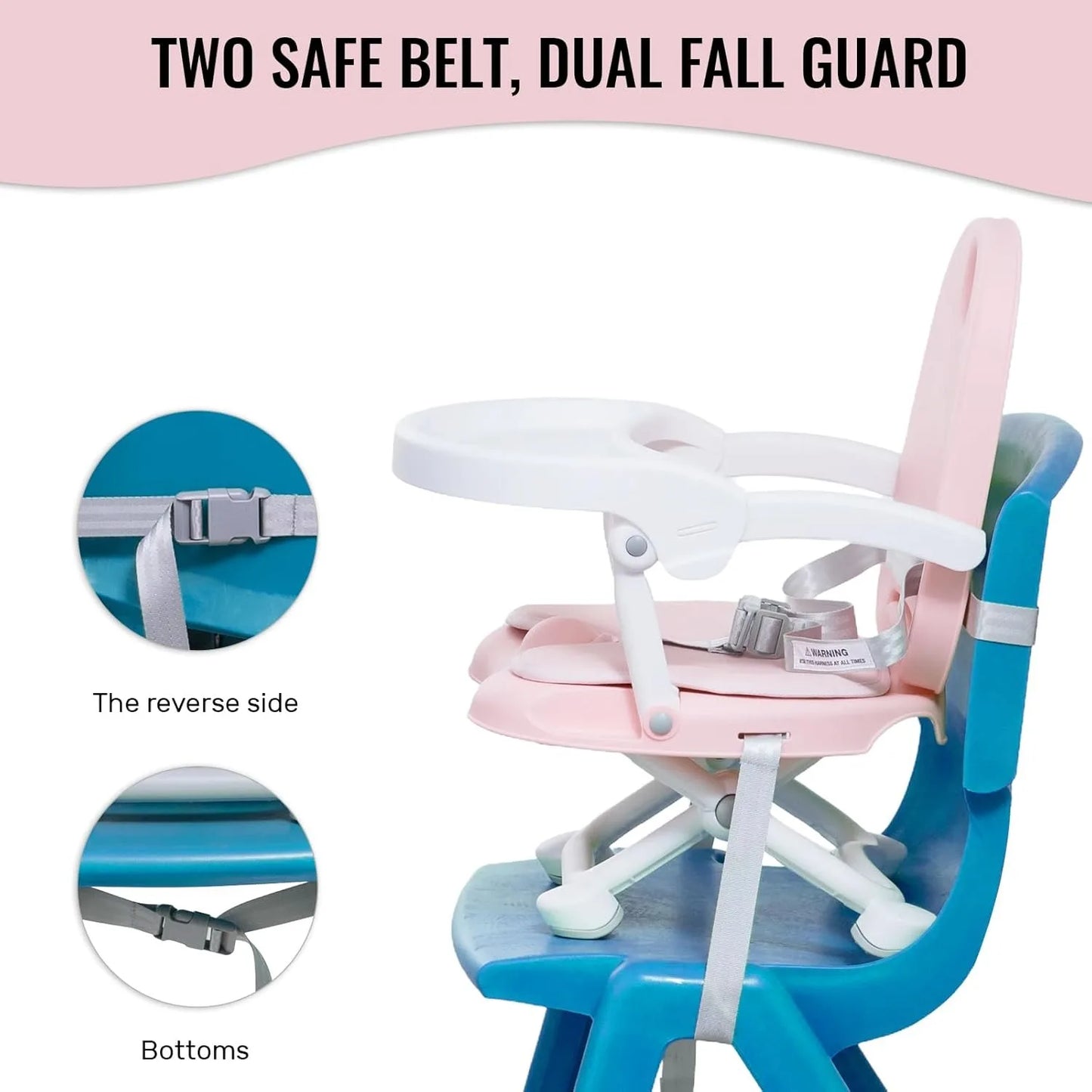 Baby feeding chair with adjustable height feature, removable tray, and secure straps for dining