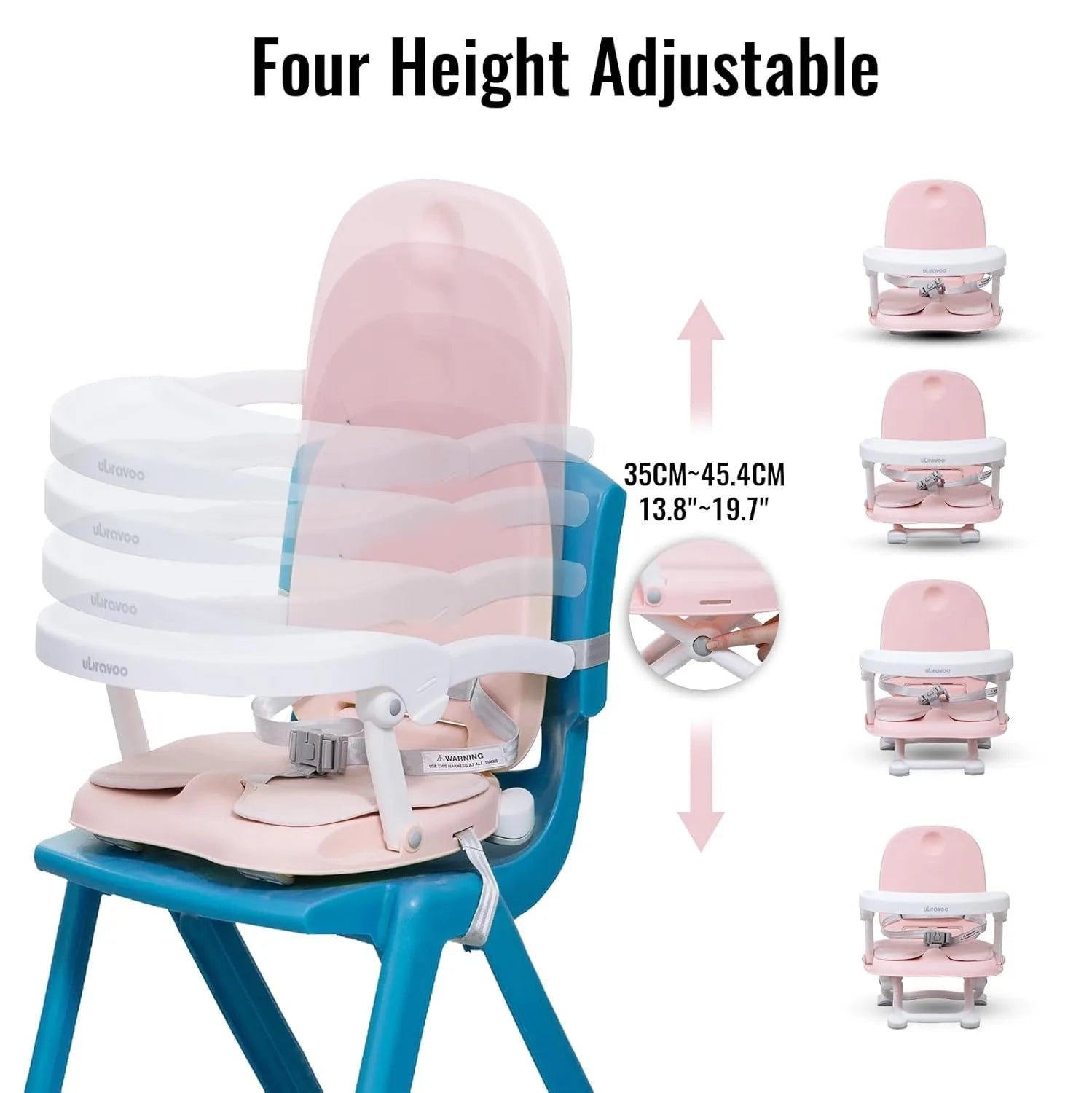 Foldable baby booster seat with easy-clean surface and a white removable tray attachment