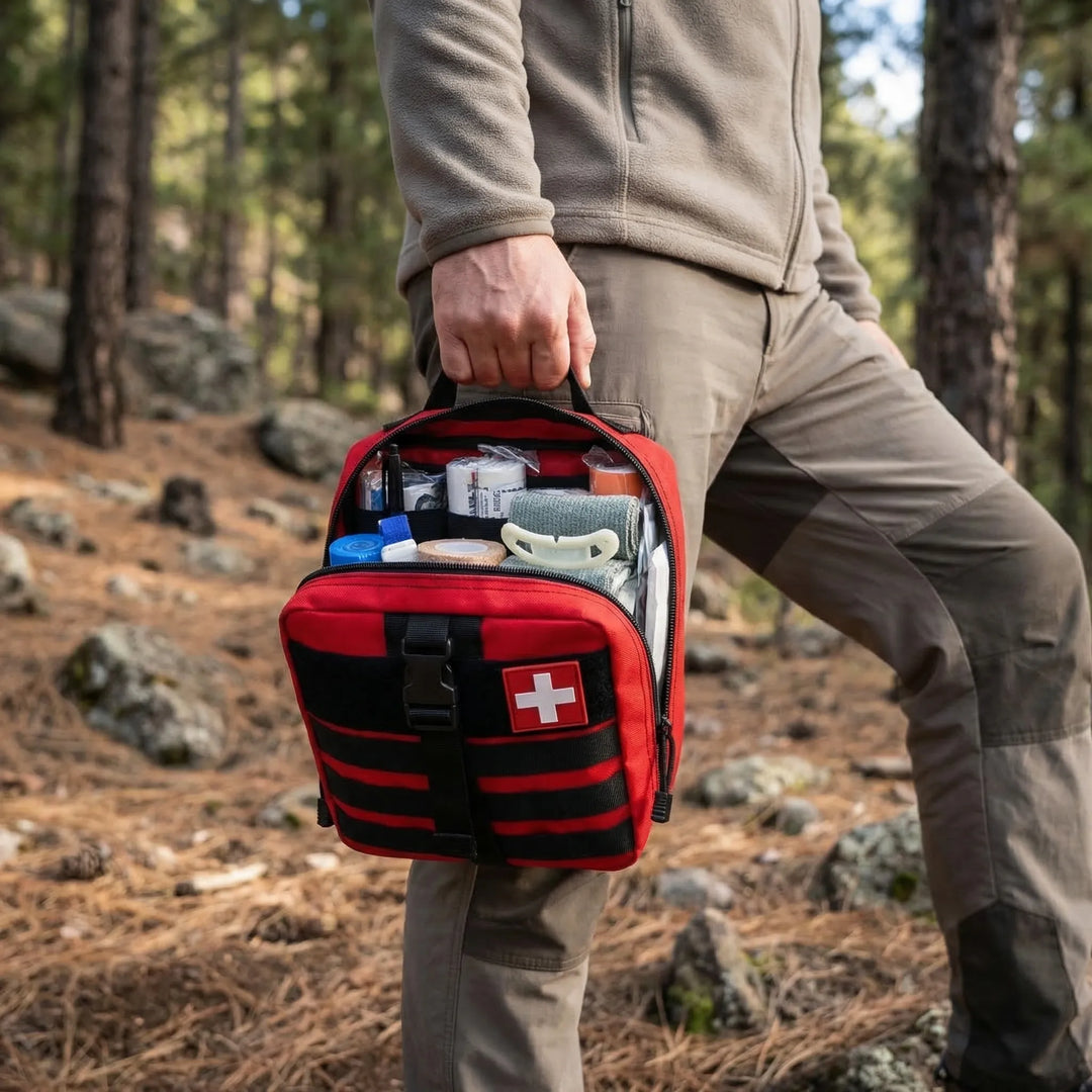 Portable 379-piece emergency first aid kit bag for essential medical care during travel, camping & home emergencies.