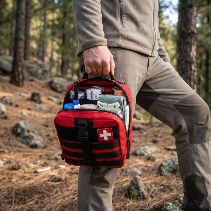 Portable 379-piece emergency first aid kit bag for essential medical care during travel, camping & home emergencies.