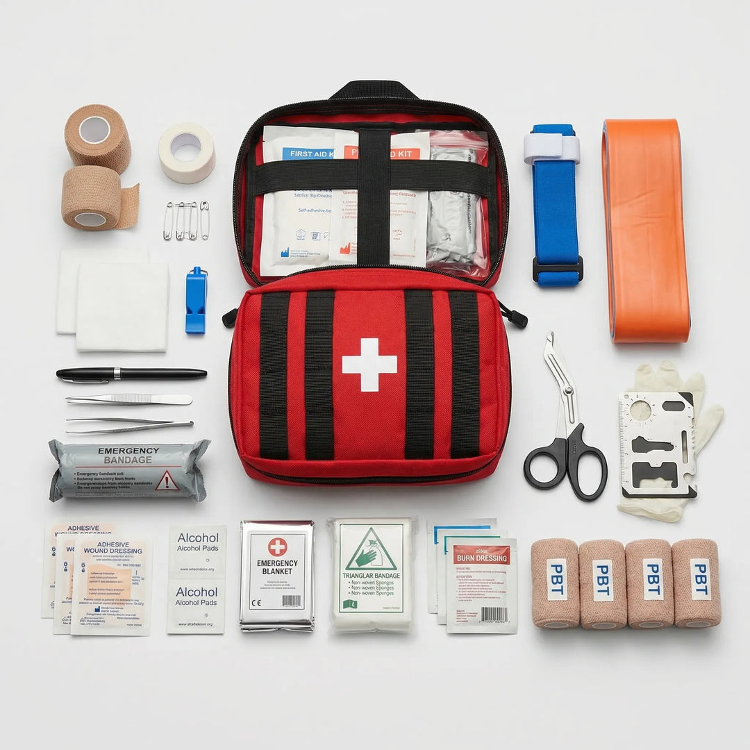 Compact 379-piece first aid kit, vital for outdoor survival, hiking, camping, and travel safety.