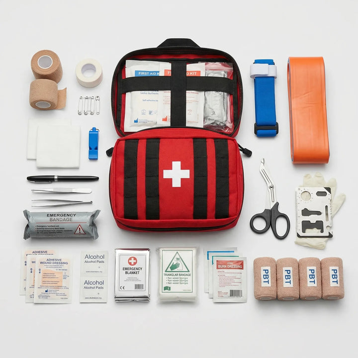 Compact 379-piece first aid kit, vital for outdoor survival, hiking, camping, and travel safety.