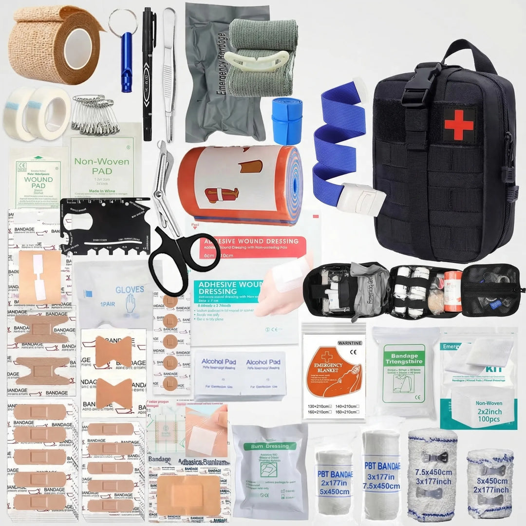Emergency first aid kit bag with 379 pieces, a crucial survival tool for any unexpected situation.