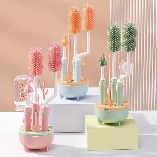 Portable 6-in-1 baby bottle cleaning kit with brushes and drying rack, ideal for travel and newborn hygiene.