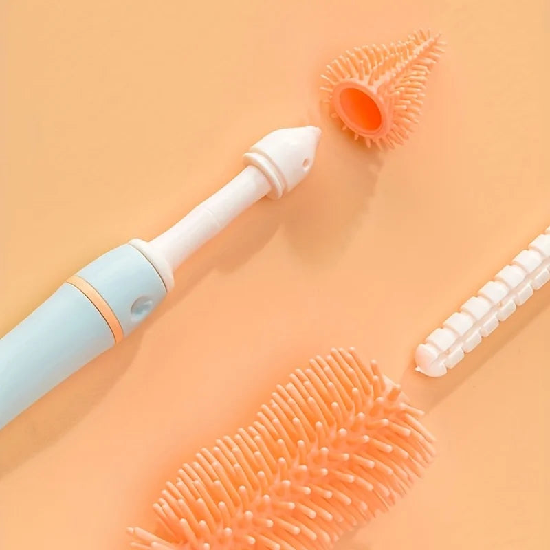 Close-up of silicone bottle brush from a portable 6-in-1 baby bottle cleaning kit for travel.