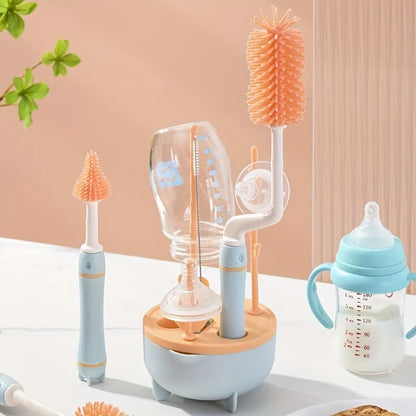Nursing essential: Portable baby bottle cleaning kit with silicone brushes and a collapsible drying stand.