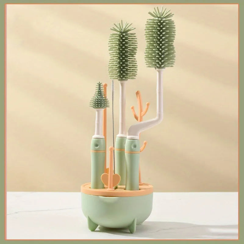 Efficient newborn accessories: Portable bottle brush set and drying rack, ensuring clean baby feeding items.