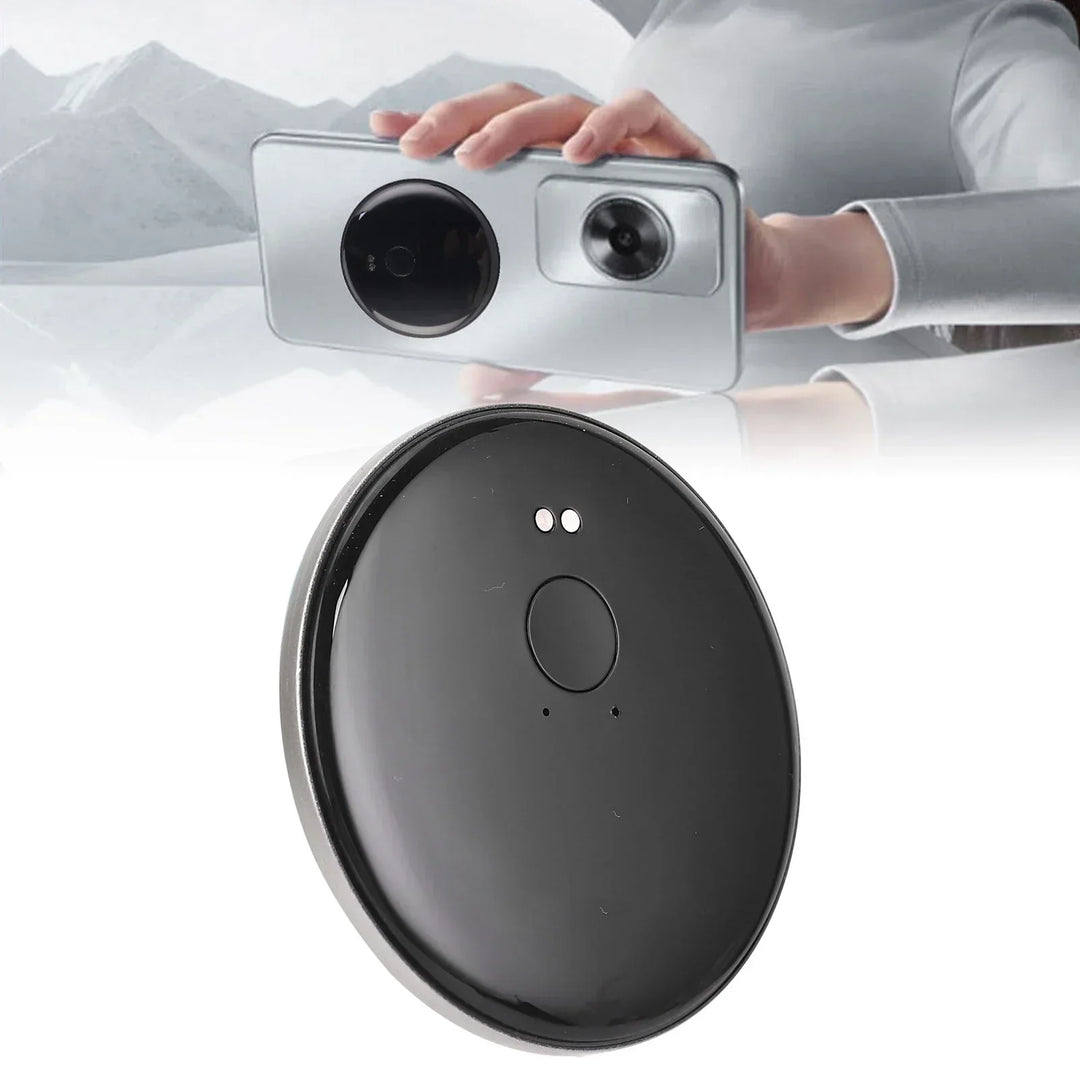 User holding a portable AI language translator, showing real-time voice & text recognition for multilingual communication.