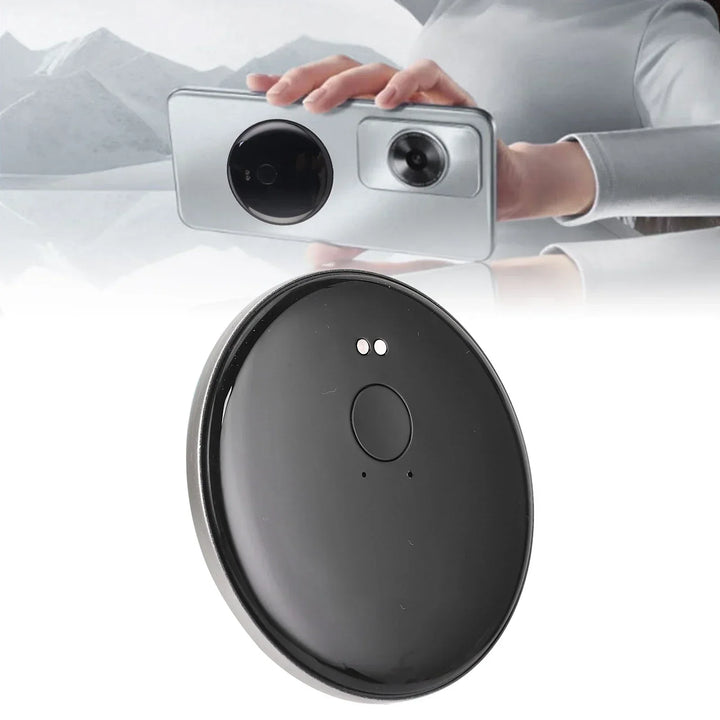 User holding a portable AI language translator, showing real-time voice & text recognition for multilingual communication.