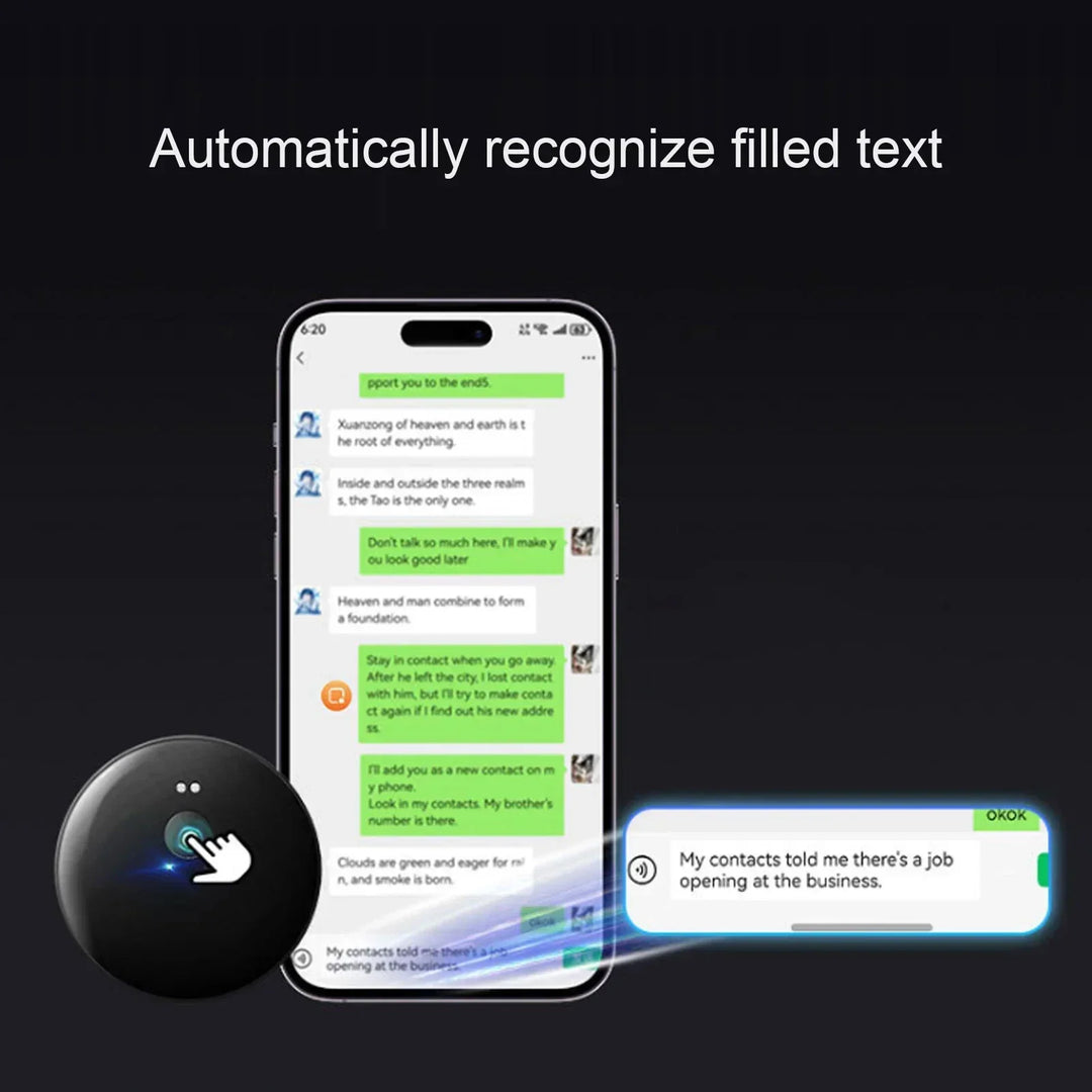 AI language device displaying real-time text translation, a compact communication tool for global travel.